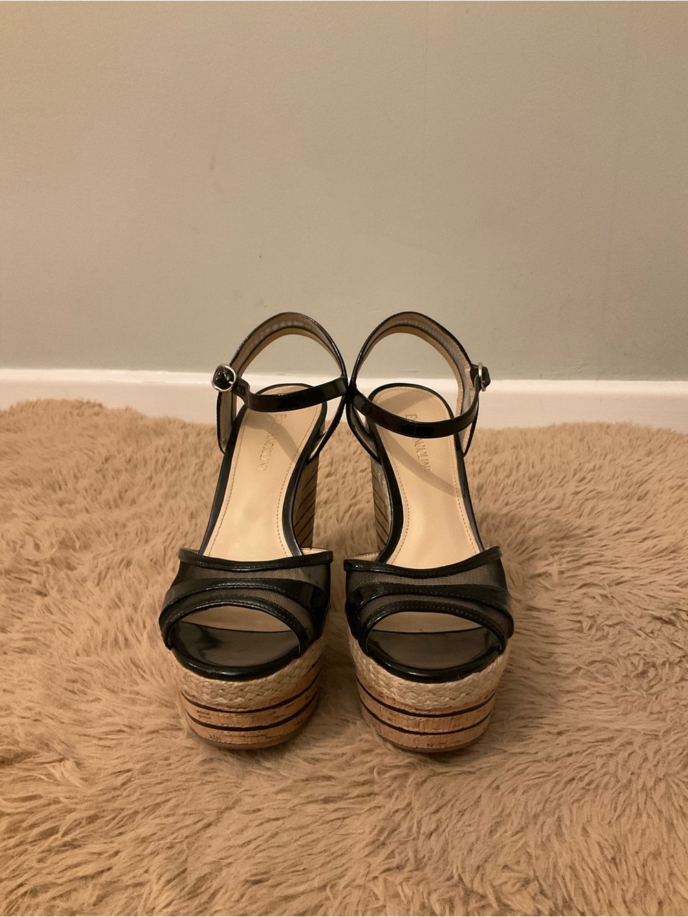 Enzo Angiolini Black Leather Platform Espadrille Wedges